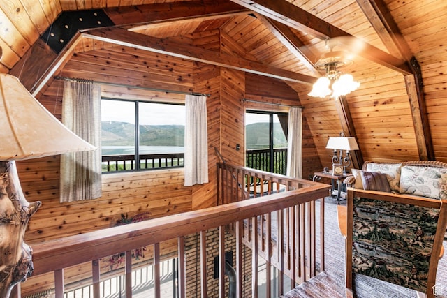 1922 N Corral Rd Unit 10, Scofield, UT 84526 - hall with wooden walls, wooden ceiling, a water view, and a chandelier