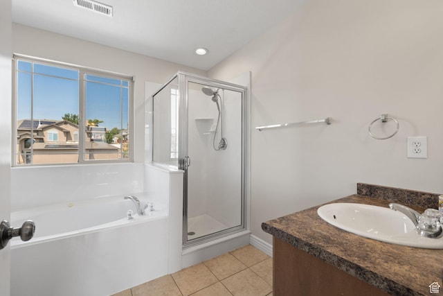 6959 S Adventure Way, West Jordan, UT 84081 - bathroom featuring a stall shower, a bath, tile patterned flooring, and vanity