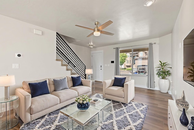 6959 S Adventure Way, West Jordan, UT 84081 - living area featuring ceiling fan, wood finished floors, and stairs