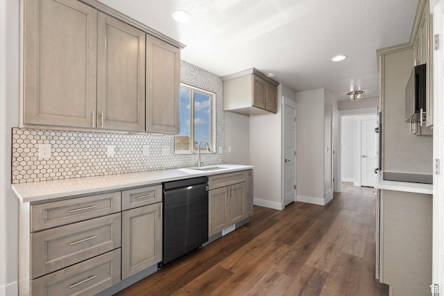 6959 S Adventure Way, West Jordan, UT 84081 - kitchen featuring stainless steel dishwasher, decorative backsplash, dark wood-type flooring, light countertops, and recessed lighting
