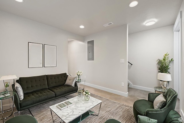 6959 S Adventure Way, West Jordan, UT 84081 - living room featuring electric panel, stairs, recessed lighting, and light carpet