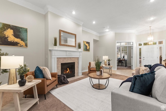 11863 S Cottage Side Way, Draper, UT 84020 - living room featuring recessed lighting, a high end fireplace, crown molding, and light carpet