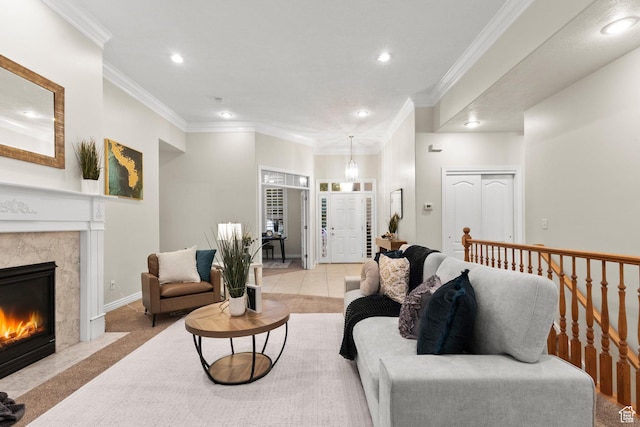 11863 S Cottage Side Way, Draper, UT 84020 - living area featuring recessed lighting, a fireplace, ornamental molding, and light tile patterned floors