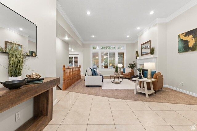 11863 S Cottage Side Way, Draper, UT 84020 - living room with recessed lighting, crown molding, light carpet, and light tile patterned floors