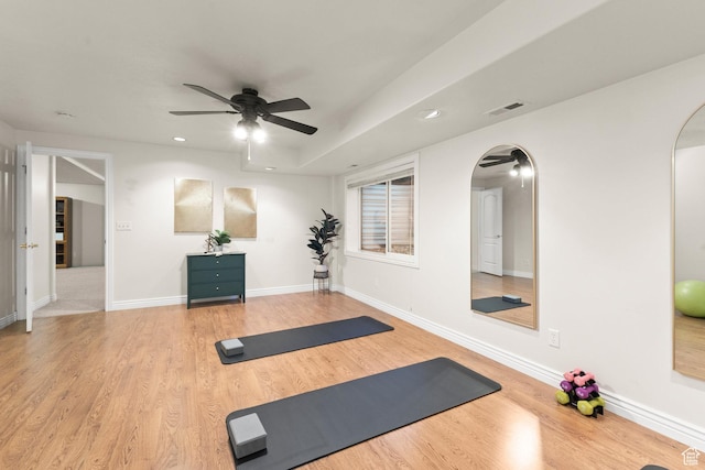11863 S Cottage Side Way, Draper, UT 84020 - exercise area featuring arched walkways, ceiling fan, wood finished floors, and recessed lighting