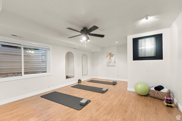 11863 S Cottage Side Way, Draper, UT 84020 - exercise room featuring wood finished floors, ceiling fan, and recessed lighting