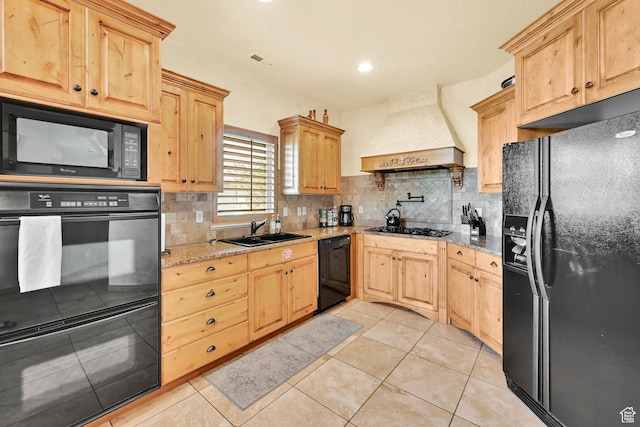 5176 E Fairview Loop Unit C505, Eden, UT 84310 - kitchen featuring black appliances, premium range hood, light brown cabinets, tasteful backsplash, and recessed lighting