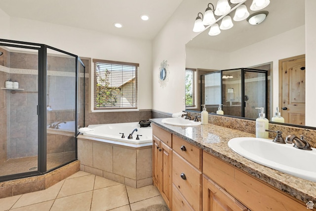 5176 E Fairview Loop Unit C505, Eden, UT 84310 - bathroom featuring double vanity, tile patterned floors, a shower stall, a bath, and recessed lighting