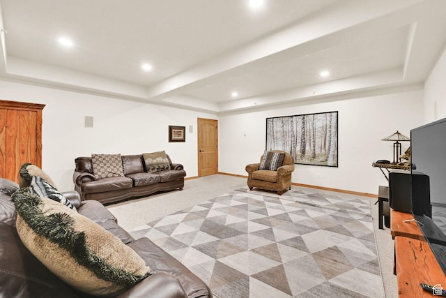 5176 E Fairview Loop Unit C505, Eden, UT 84310 - living room featuring a tray ceiling, light colored carpet, and recessed lighting