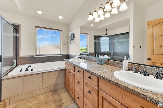 5176 E Fairview Loop Unit C505, Eden, UT 84310 - bathroom with a shower stall, double vanity, a bath, tile patterned floors, and recessed lighting