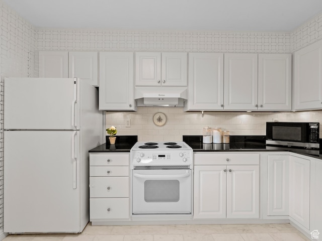 1150 E 2700 S Unit 50G, Salt Lake City, UT 84106 - kitchen featuring white appliances, ventilation hood, white cabinetry, dark countertops, and tasteful backsplash