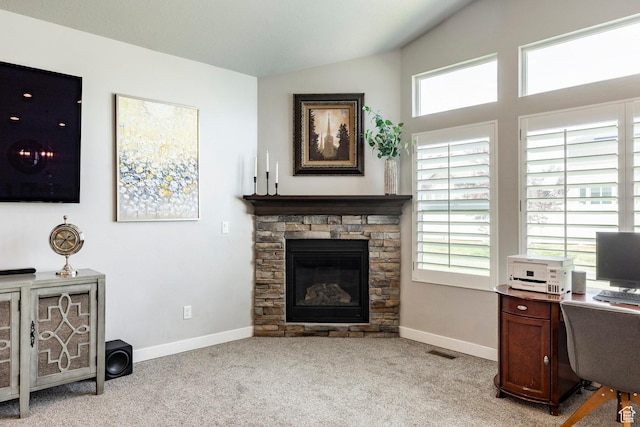 2402 W 525 S, Layton, UT 84041 - office area with lofted ceiling, light colored carpet, and a stone fireplace