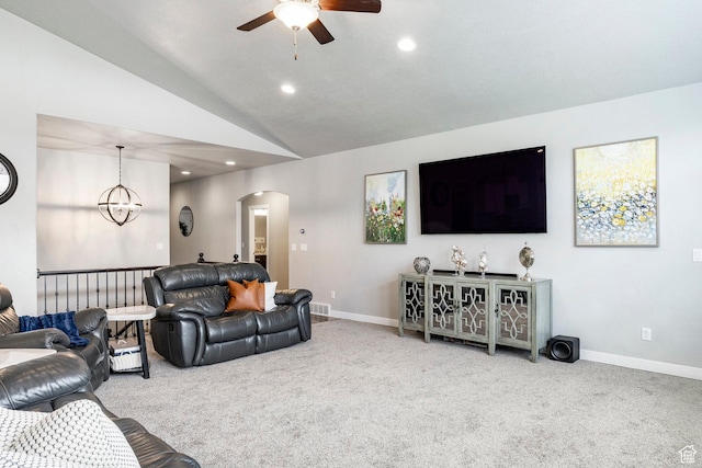2402 W 525 S, Layton, UT 84041 - living room featuring arched walkways, a ceiling fan, carpet floors, recessed lighting, and lofted ceiling