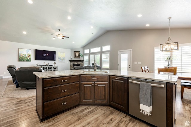2402 W 525 S, Layton, UT 84041 - kitchen featuring stainless steel dishwasher, open floor plan, a ceiling fan, a chandelier, and lofted ceiling