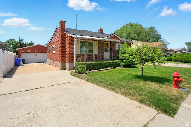 1743 N 250 W, Sunset, UT 84015 - view of front of property with covered porch, a chimney, brick siding, an outdoor structure, and a garage