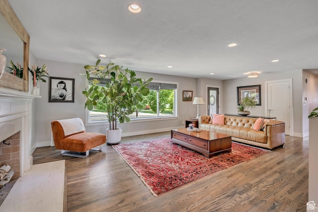 2241 E Melodie Ann Way, Holladay, UT 84124 - living room featuring a fireplace with flush hearth, wood finished floors, and recessed lighting