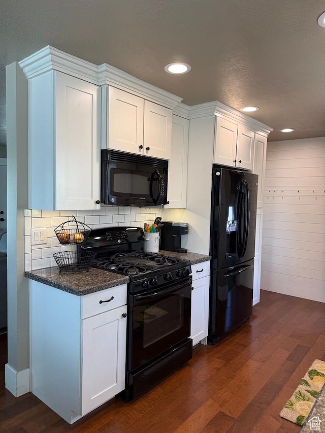 930 N 650 E, Bountiful, UT 84010 - kitchen with black appliances, dark wood finished floors, white cabinets, decorative backsplash, and recessed lighting