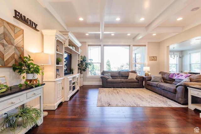 981 E Pebble Creek Rd, Smithfield, UT 84335 - living room featuring dark wood finished floors, beamed ceiling, coffered ceiling, recessed lighting, and a chandelier