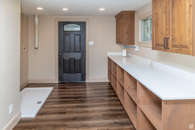 210 S 100 E, Fielding, UT 84311 - kitchen with a textured ceiling, open shelves, dark wood-type flooring, light countertops, and recessed lighting