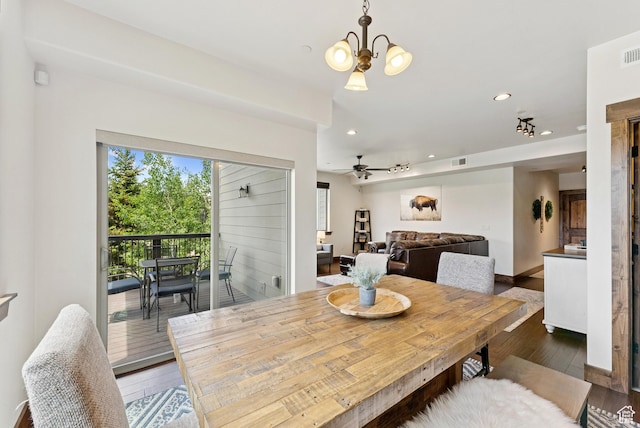 14275 N Buck Horn Trl Unit 41-F, Kamas, UT 84036 - dining room featuring dark wood-type flooring, recessed lighting, a chandelier, and a ceiling fan