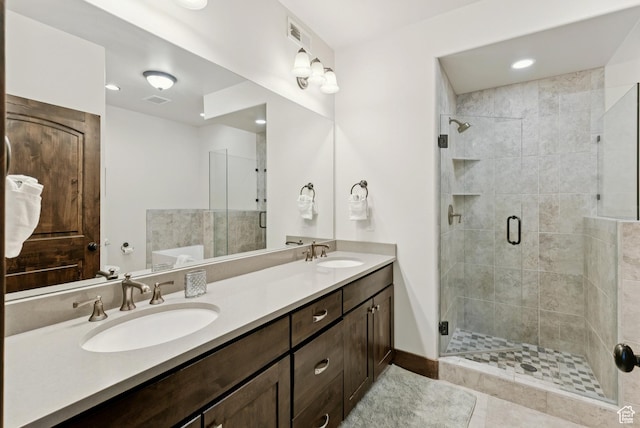 14275 N Buck Horn Trl Unit 41-F, Kamas, UT 84036 - bathroom featuring double vanity, a stall shower, tile patterned flooring, a freestanding bath, and recessed lighting