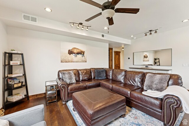 14275 N Buck Horn Trl Unit 41-F, Kamas, UT 84036 - living room featuring track lighting, dark wood-type flooring, ceiling fan, and recessed lighting