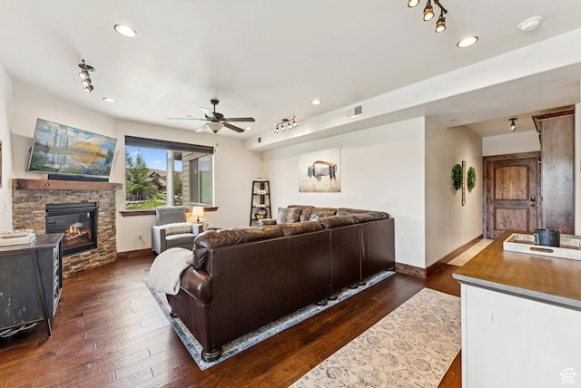 14275 N Buck Horn Trl Unit 41-F, Kamas, UT 84036 - living area with a stone fireplace, a ceiling fan, dark wood-type flooring, and recessed lighting