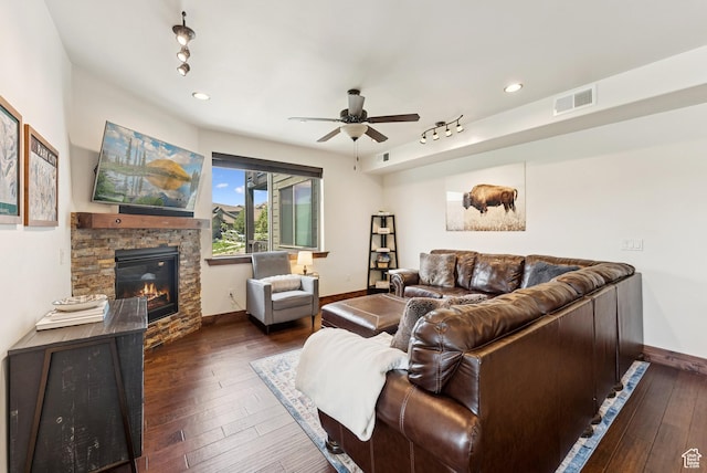 14275 N Buck Horn Trl Unit 41-F, Kamas, UT 84036 - living area featuring ceiling fan, a stone fireplace, hardwood / wood-style floors, and recessed lighting