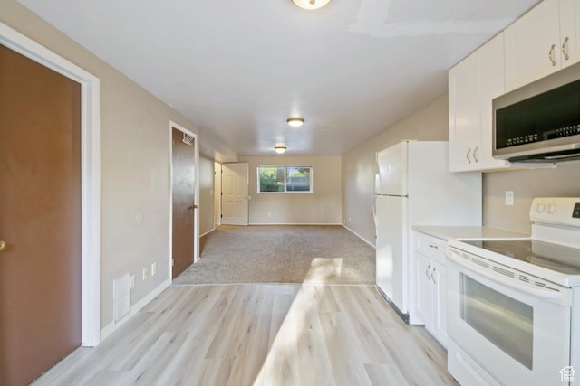 3638 Oldham Cir, West Valley City, UT 84120 - kitchen featuring white appliances, white cabinets, light wood-style flooring, light countertops, and open floor plan