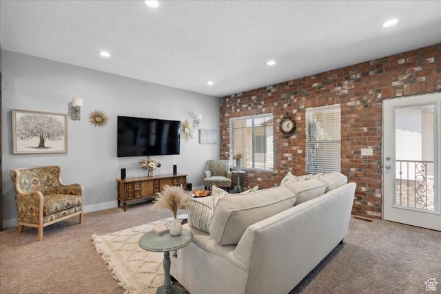 5538 N Turin Ln, Highland, UT 84003 - carpeted living room featuring a textured ceiling, recessed lighting, and brick wall
