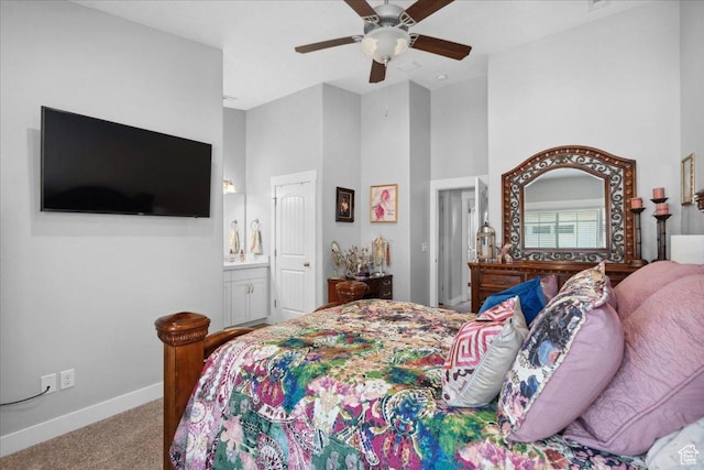 5538 N Turin Ln, Highland, UT 84003 - carpeted bedroom featuring a towering ceiling, a ceiling fan, and ensuite bath