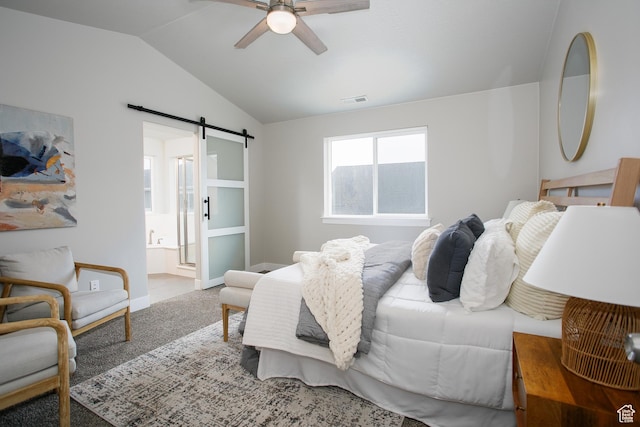 5001 W Anegada Ln S, Herriman, UT 84096 - carpeted bedroom featuring a barn door, vaulted ceiling, connected bathroom, and a ceiling fan