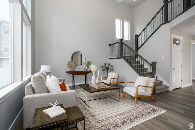 5001 W Anegada Ln S, Herriman, UT 84096 - living area featuring a high ceiling, stairs, and wood finished floors
