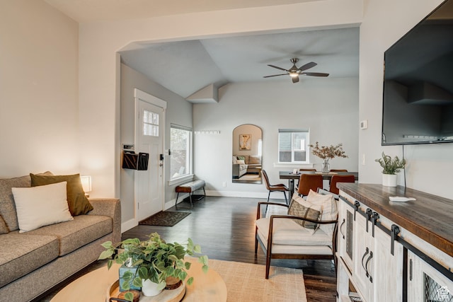 768 E 800 S, Salt Lake City, UT 84102 - living room featuring ceiling fan, dark wood finished floors, arched walkways, and vaulted ceiling