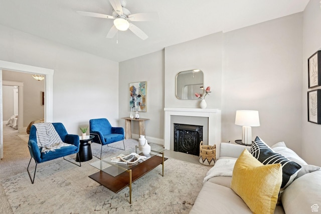 921 E 800 S, Salt Lake City, UT 84102 - living room with carpet flooring, a fireplace, a ceiling fan, and a chandelier