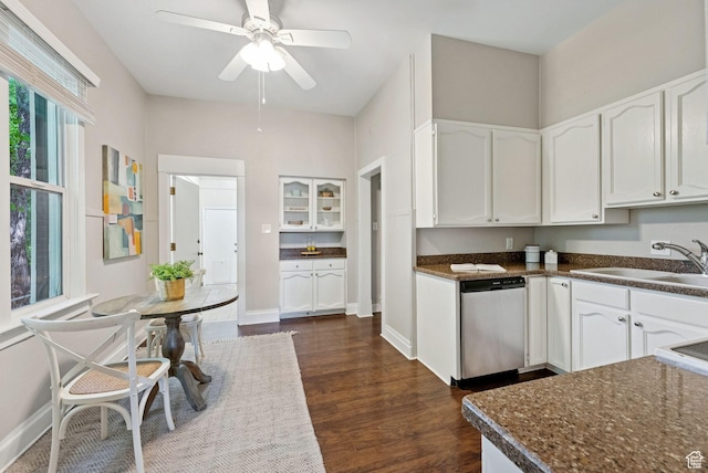 921 E 800 S, Salt Lake City, UT 84102 - kitchen featuring dishwasher, white cabinetry, dark wood-style floors, a ceiling fan, and glass insert cabinets