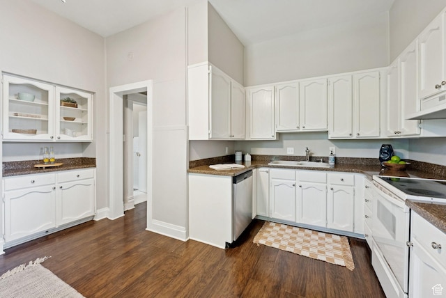921 E 800 S, Salt Lake City, UT 84102 - kitchen with white electric range oven, dishwasher, dark countertops, white cabinetry, and dark wood-style flooring