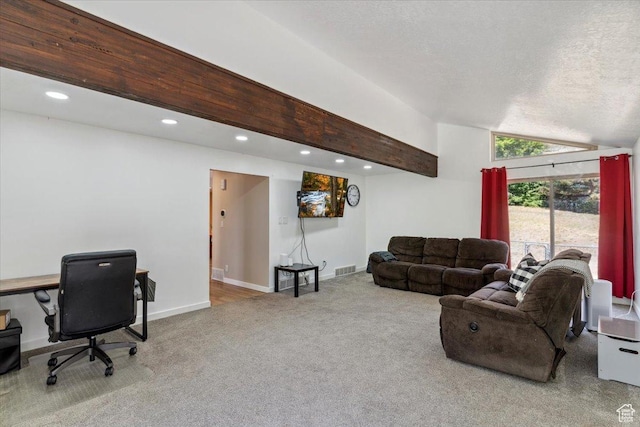1260 E 2925 N, North Ogden, UT 84414 - carpeted living room featuring vaulted ceiling, a desk, recessed lighting, and a textured ceiling