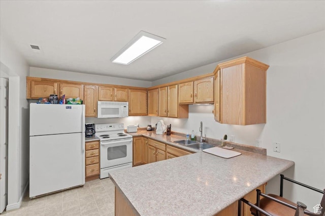 3304 S Hunter Villa Ln Unit D, West Valley City, UT 84128 - kitchen with white appliances, a peninsula, light countertops, and light brown cabinets