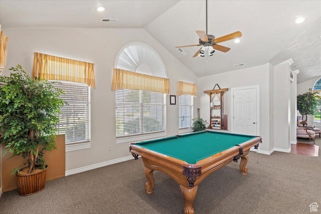 3304 S Hunter Villa Ln Unit D, West Valley City, UT 84128 - rec room featuring ceiling fan, carpet floors, billiards, high vaulted ceiling, and recessed lighting
