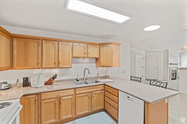 3304 S Hunter Villa Ln Unit D, West Valley City, UT 84128 - kitchen with white dishwasher, a peninsula, light countertops, electric range oven, and light brown cabinetry