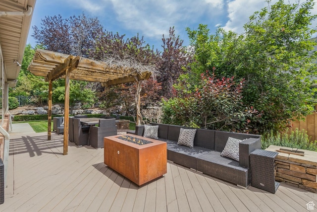 1652 E Red Tree Ct S, Draper, UT 84020 - wooden terrace with an outdoor living space with a fire pit and a pergola