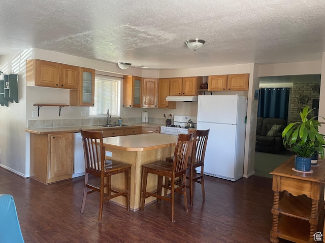 395 E Center St, Spring City, UT 84662 - kitchen featuring white appliances, under cabinet range hood, glass insert cabinets, light countertops, and a textured ceiling