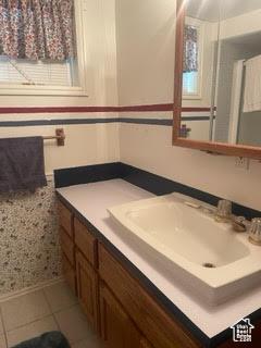 395 E Center St, Spring City, UT 84662 - bathroom with vanity, tile patterned floors, and wallpapered walls