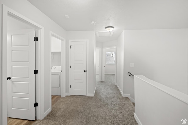15040 S Wild Horse Way, Bluffdale, UT 84065 - hall with washer / clothes dryer, carpet flooring, and an upstairs landing