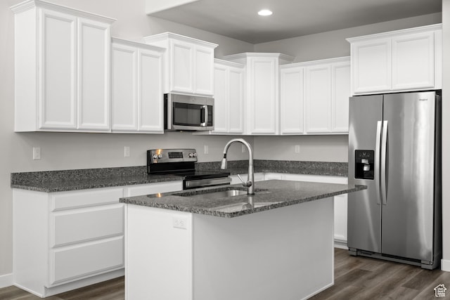 15040 S Wild Horse Way, Bluffdale, UT 84065 - kitchen featuring stainless steel appliances, white cabinets, dark wood-style flooring, dark stone counters, and recessed lighting