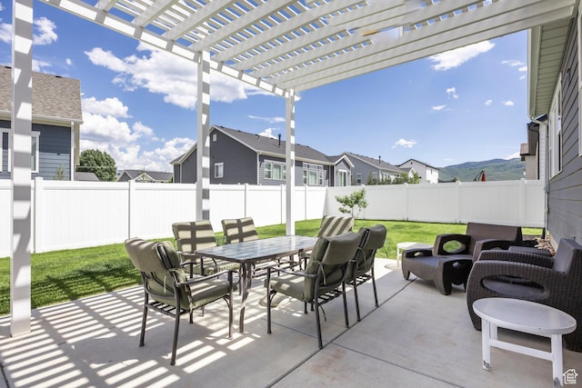 1681 S 1110 E, Heber City, UT 84032 - fenced backyard with outdoor dining area, a pergola, a patio, a residential view, and an outdoor hangout area