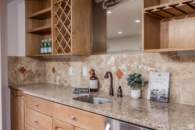 10677 S Amberley Ln E, Sandy, UT 84094 - kitchen featuring open shelves, light stone countertops, backsplash, recessed lighting, and dishwasher