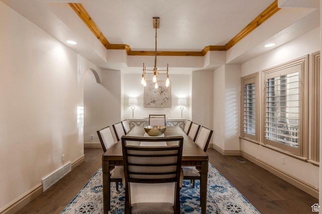 10677 S Amberley Ln E, Sandy, UT 84094 - dining room with crown molding, dark wood-style floors, recessed lighting, a tray ceiling, and a chandelier