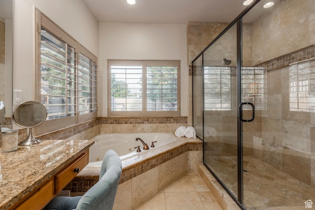 10677 S Amberley Ln E, Sandy, UT 84094 - bathroom featuring a tub with jets, a stall shower, recessed lighting, tile patterned flooring, and vanity